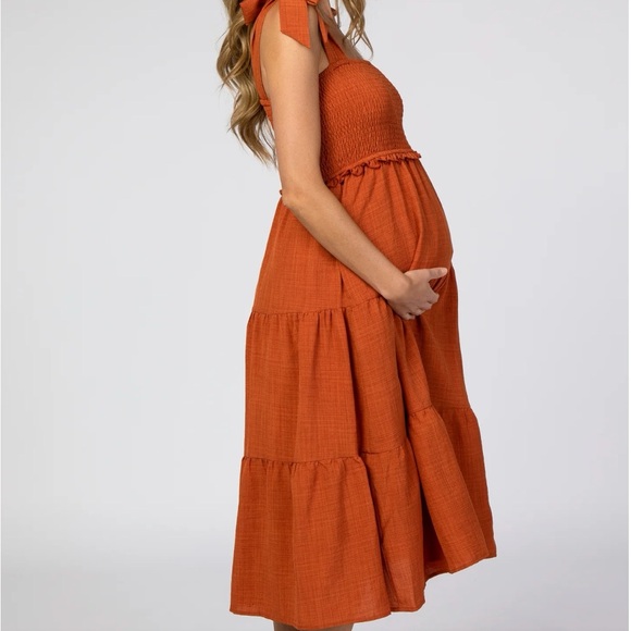 Rust Bow Strap Tiered Maternity Midi Dress Pinkblush Size M Color Rust Orange - Picture 2 of 12